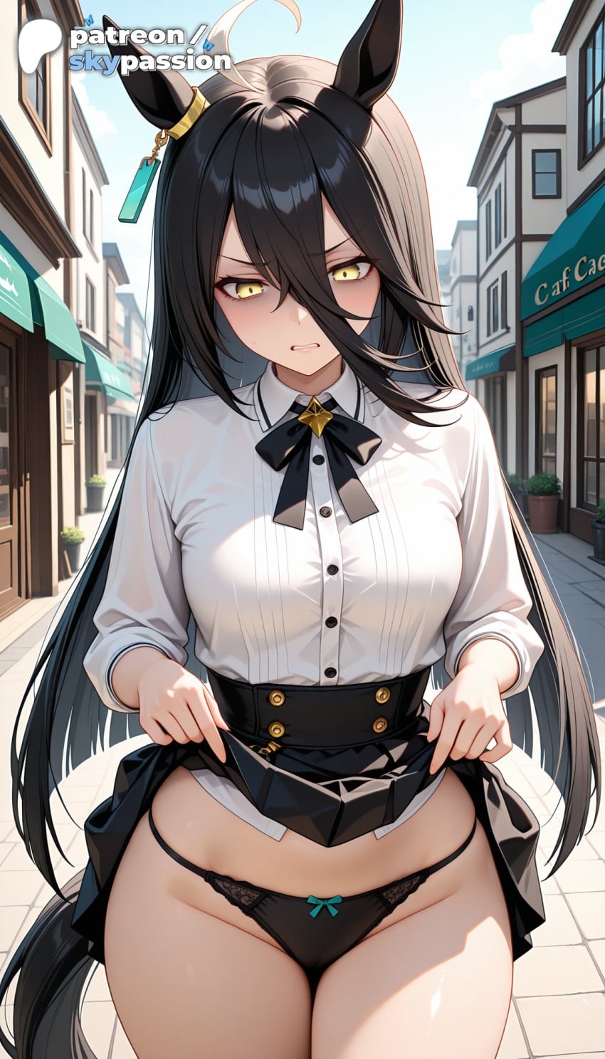 1girls 2026 ai_assisted ai_generated anime black_panties bookshelf building clothes_lift hi_res high_quality high_resolution highres lifted_by_self long_hair manhattan_cafe_(umamusume) panties patreon patreon_username skirt skirt_lift skypassion stable_diffusion umamusume umamusume_pretty_derby underwear watermark yellow_eyes