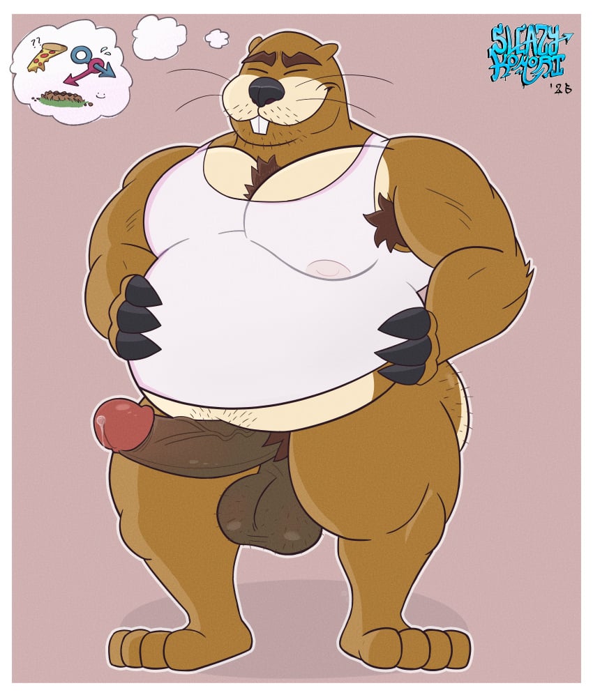 1boy 2025 anthro armpit_hair balls barazoku beard belly big_balls big_belly big_claws big_penis black_claws body_hair bottomless brown_body brown_fur buckteeth butt_hair chest_hair claws closed_eyes clothed clothing darkened_balls darkened_genitalia eulipotyphlan eyebrows facial_hair fat fat_belly fat_male food fur furry furry_male furry_only genitals hairy hairy_balls hand_on_belly hi_res humanoid_genitalia humanoid_penis male mammal manly mario_(series) mole_(animal) monty_mole muscular muscular_anthro muscular_male nintendo nipples obese obese_male overweight overweight_male pecs penis pizza pubes shirt shirt_only sleazy_komori_(artist) smile solo standing stubble tan_body tan_fur tank_top tank_top_only teeth thick_eyebrows thick_thighs thought_bubble topwear topwear_only vein veiny_penis whiskers