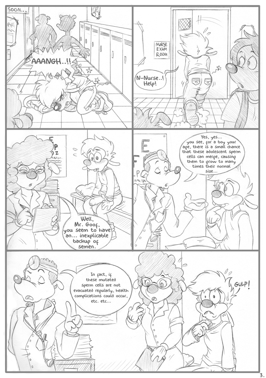 balls bottomless brainsister canine clothed clothing comic dialogue disney english_text eyewear female glasses goof_troop greyscale group hi_res humanoid_penis male mammal max_goof monochrome monocjrome pain pants_down partially_clothed pencil_(artwork) penis school sitting text traditional_media_(artwork) uhoh uncut uniform worried