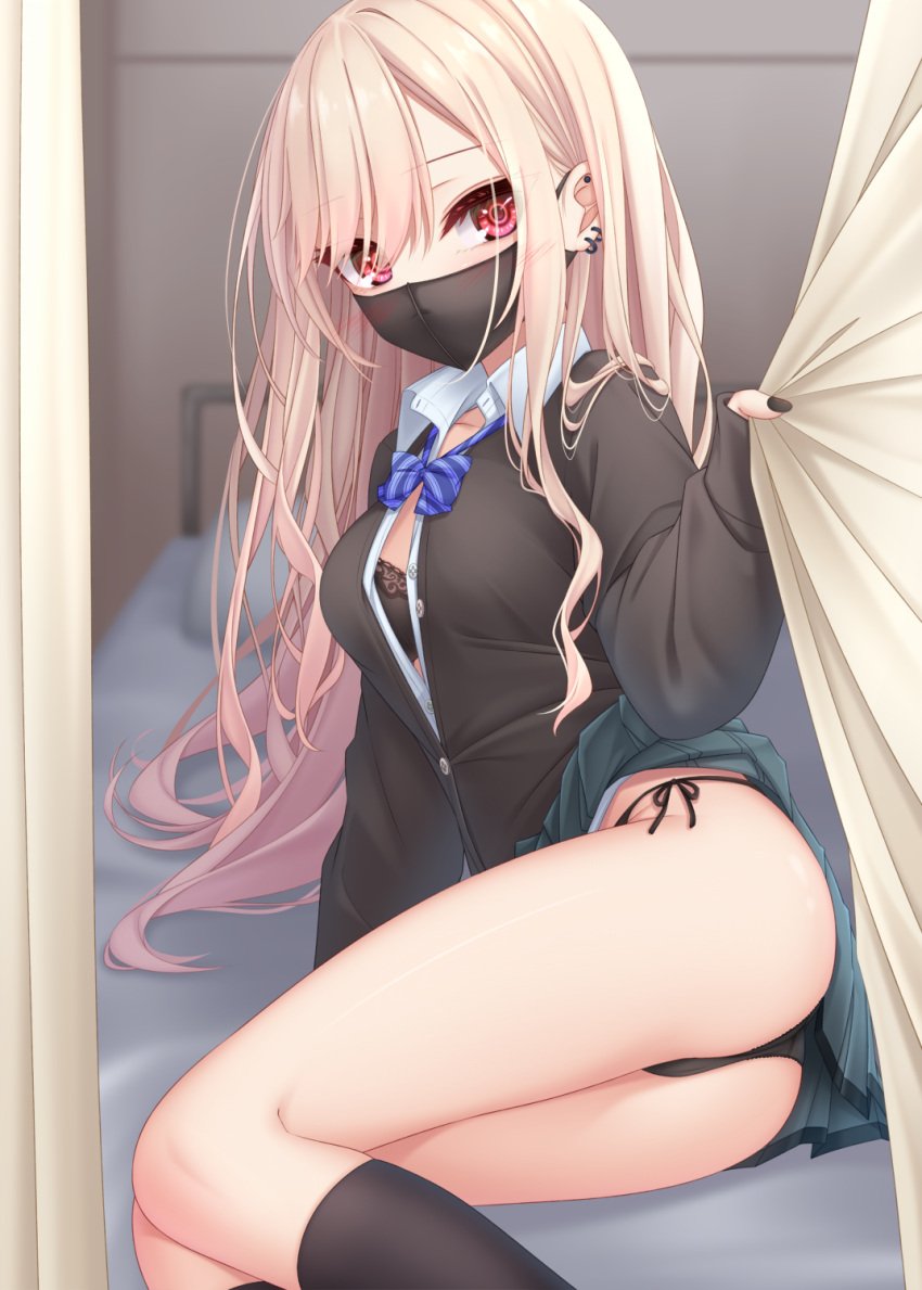 ass black_bra black_jacket black_nails black_panties black_socks blonde_hair blurry blurry_background blush bra bra_peek breasts collared_shirt come_hither commentary_request curtain_grab curtains depth_of_field dress_shirt ear_piercing feet_out_of_frame female grey_skirt gyaru hair_over_one_eye hand_up highres jacket long_hair long_sleeves looking_at_viewer mana_(yoye_(pastel_white)) mask medium_breasts mouth_mask nail_polish on_bed original panties piercing pillow pleated_skirt red_eyes shirt side-tie_panties skirt sleeves_past_wrists socks solo underwear very_long_hair white_shirt yoye_(pastel_white)