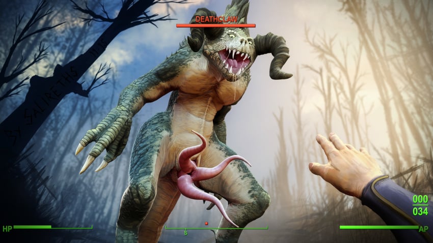 16:9 1boy 2015 3d 5_fingers ambiguous_gender animal_genitalia animal_penis claws cloaca clothed clothes deathclaw detailed_background dripping drooling duo erection fallout fangs feral forest grass green_scales highres horn human imminent_rape lizard looking_at_viewer male male_deathclaw_(fallout) male_only mammal multi_genitalia multi_penis nails nude open_mouth outdoors penis reptile salireths saliva scales scalie sharp_claws sharp_teeth smile solo_focus tapering_penis teeth tongue tree triphallia vault_suit wasteland