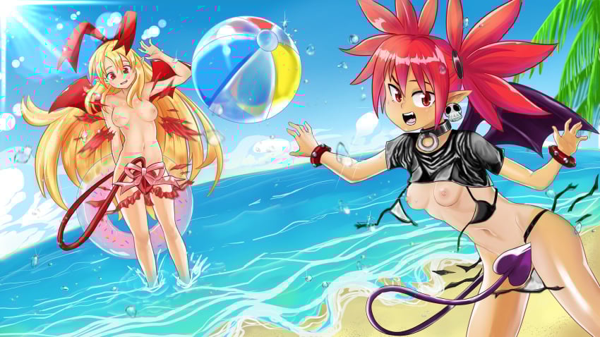 beach breasts completely_nude convenient_censoring disgaea disgaea_1 etna exposed_breasts female flonne nippon_ichi_software poponkannn small_breasts tan_body tan_lines wardrobe_malfunction
