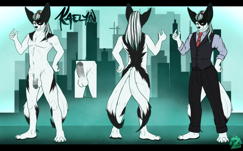 1boy abstract_background anthro backsack balls big_ears black_fur black_hair black_penis canine city close-up clothed clothes erection fennec fox front_view fur green_eyes hair hybrid kaelyn_idow long_hair looking_at_viewer male male_only mammal marble_fox model_sheet multiple_tails necktie nude pants penis plantigrade shirt solo tail the_evil_within tied_hair vest white_fur white_hair zead