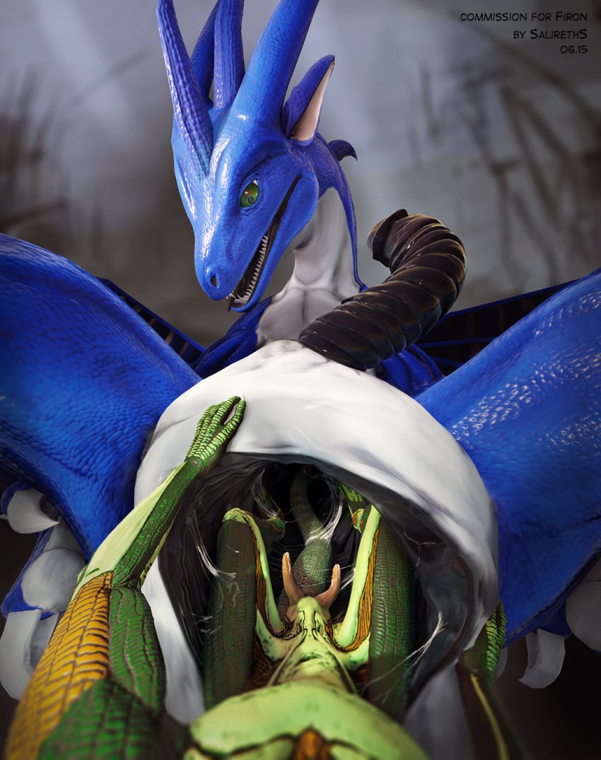 2015 3d anal anal_sex anal_vore animal_genitalia animal_penis anthro anus ass blue_scales claws diphallia diphallism dragon duo erection feral firondraak gaping gaping_anus genital_slit green_eyes green_scales hemipenes highres horn larger_male lizard looking_at_viewer male multi_penis nude open_mouth penetration penis pov precum reptile salireths scales scalie sex sharp_teeth size_difference slime slimy slit smaller_male spread_legs spreading tapering_penis teeth toe_claws tongue tongue_out vore wings yaoi