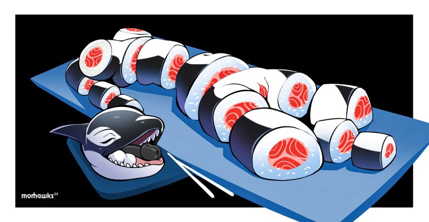 absurd_res anthro balls breasts cetacean chopsticks cooking_with_furs dismembered dolphin eunuch food futanari genitals guro gynomorph hard_vore hi_res humanoid_genitalia humanoid_penis intersex lying makkuroscar mammal marble_(slimshod) marine oceanic_dolphin on_back open_mouth orca penis severed_body_part severed_head solo sushi toothed_whale vore
