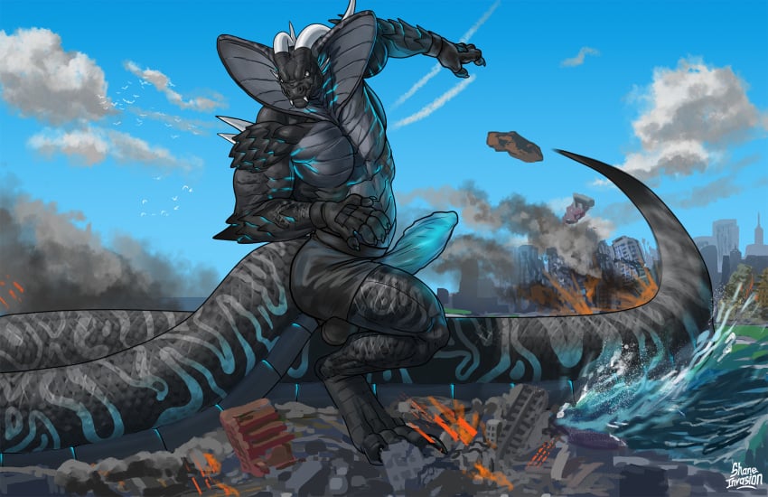 abs anthro balls biceps big_penis big_tail biped boxers_(clothing) building bulge city city_crushing city_destruction claws clothed clothing cobra crush destruction detailed_background digital_media_(artwork) erection fangs feet fingerless_gloves fingers genitals gloves handwear hi_res kai'nek_(pyronite) landscape_dwarfing light_penis macro male monster muscular muscular_anthro muscular_male nude outside paws pecs penis penis_shaped_bulge pyronite(commissioner) rampage reptile scalie seaside shaneinvasion sky smoke snake solo stomping tail tail_motion teeth toe_claws toes topless underwear