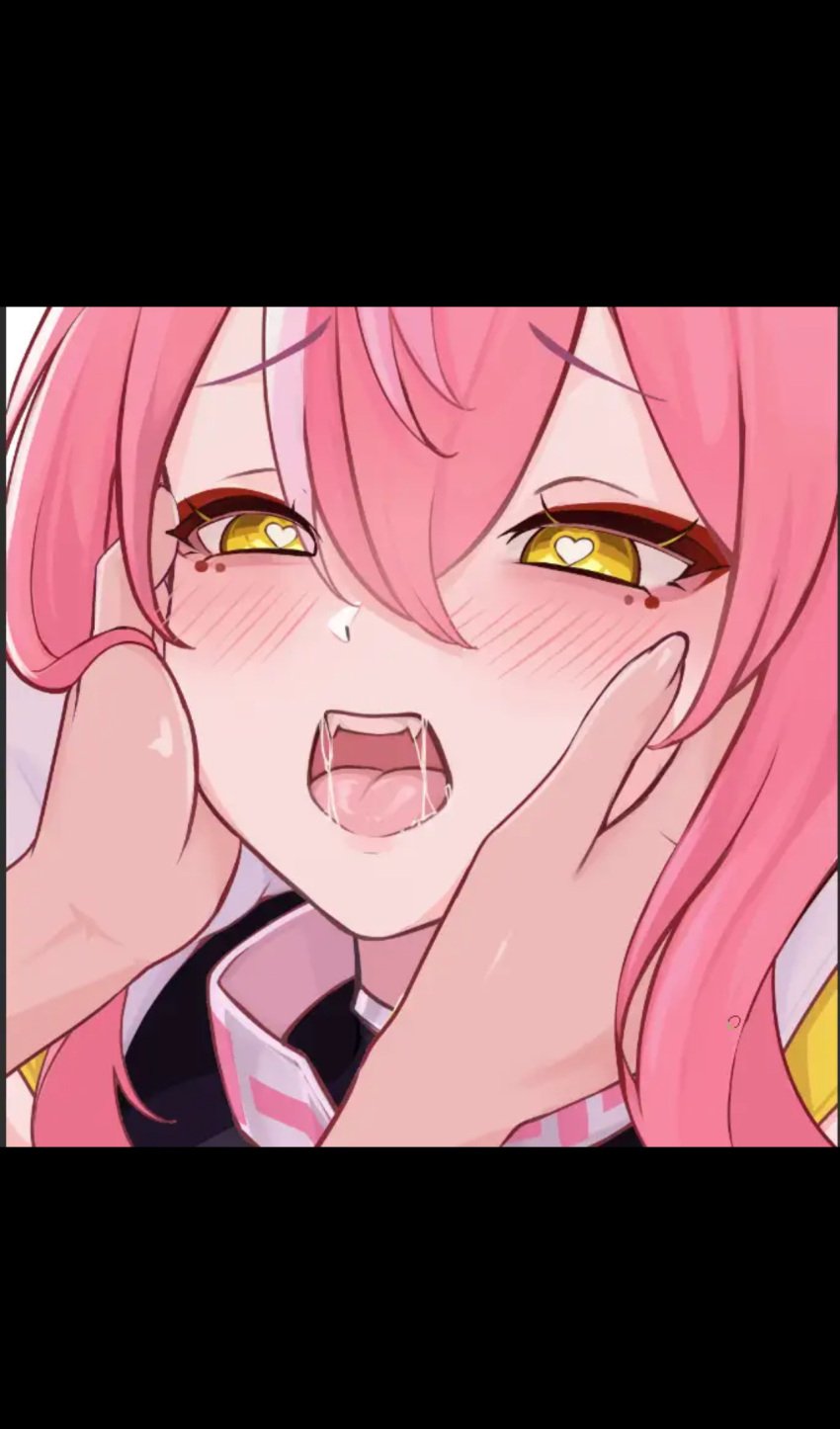 1femboy 2boy 2d 2d_(artwork) artist_request blush blush blushing_male bottom_heavy brat clothed eye_markings eyeliner fangs femboy femboysub hands heart-shaped_pupils holding holding_object imminent_oral long_hair open_mouth pink_background pink_hair questionable_consent saliva saliva_string snooby submissive submissive_human submissive_male teeth tongue worried worried_expression yellow_eyes