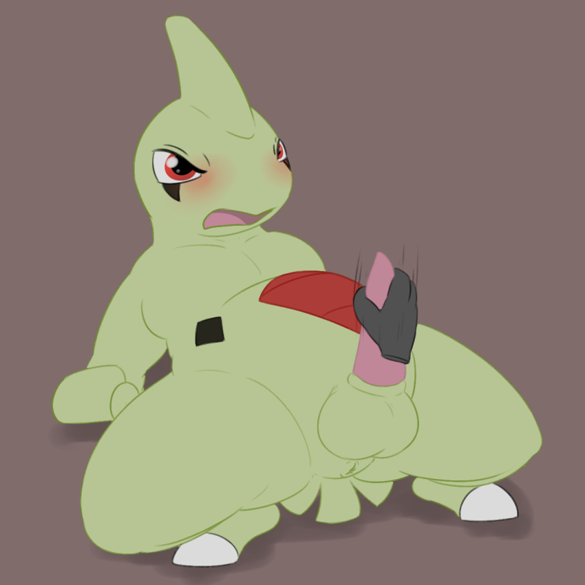 1boy animal_genitalia animal_penis anthro anus ass balls barefoot blush crab_walk_position dinosaur disembodied_hand duo erection green_skin half-closed_eyes handjob hi_res horn larvitar looking_at_viewer male nintendo nude open_mouth penis pokemon posexe red_eyes rubbing scalie simple_background solo_focus spread_legs spreading tapering_penis tongue video_games