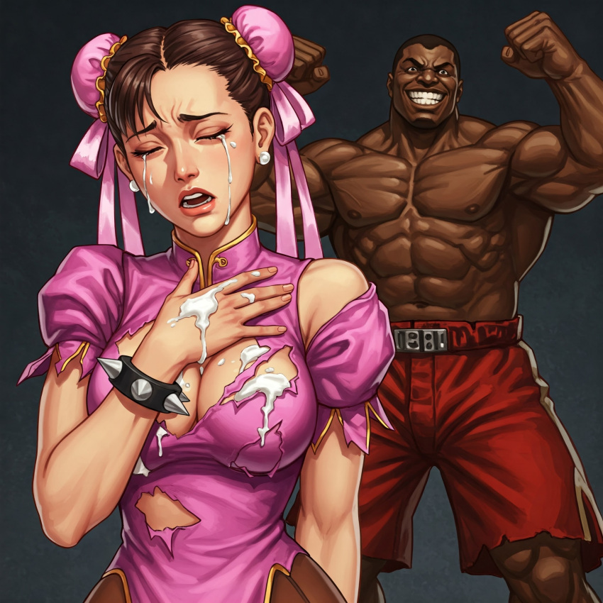 after_oral ai_generated balrog black-skinned_male brown_arms brown_fingers brown_hands brown_legs chun-li dark-skinned_male defeated humiliation makegao male street_fighter torn_clothes