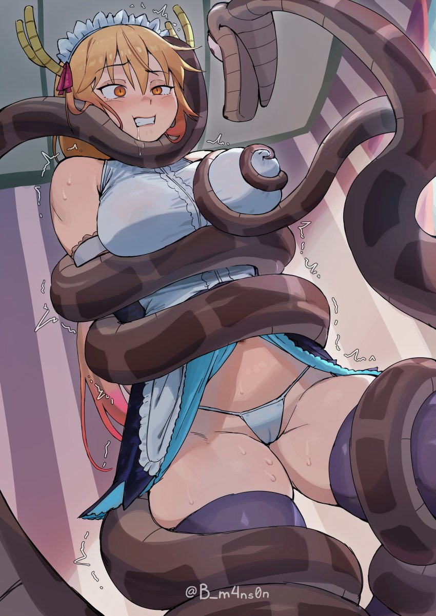 alternate_version_available background bondage drooling kaa nipples_visible_through_clothing panties resisting skirt_lift snake tentacle_around_breast tentacle_bondage thigh_squish thighhighs tohru_(dragon_maid) trembling