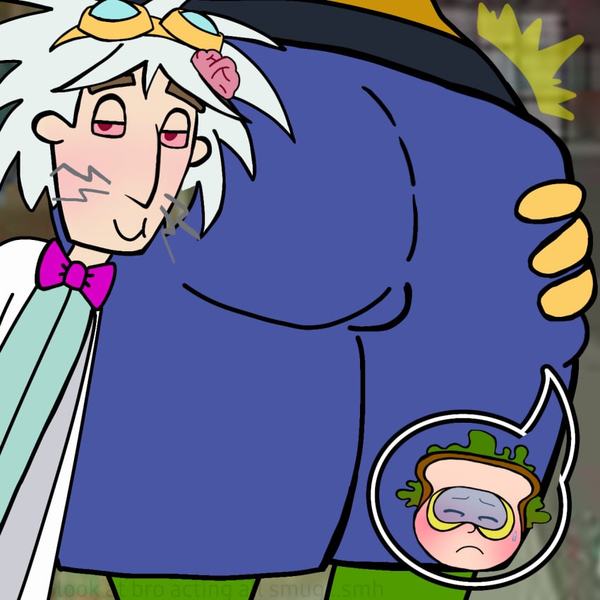 2d 2d_(artwork) accurate_art_style ass ass_focus ass_grab balls balls_outline balls_under_clothes balls_visible_through_clothing balls_visible_through_thighs blue_pants blush bowtie chubby_male chuck_the_evil_sandwich_making_guy closed_eyes clothed clothing consensual digital_media_(artwork) dr._two_brains drew_the_hand_a_lil_weird_but_whatever embarrassed face_on_ass fat_ass fat_male food_humanoid gay gloves goggles goggles_on_head green_hair horny_male labcoat looking_at_viewer male male/male male_ass male_ass_focus possessive pressed_against red_eyes secretly_horny secretly_loves_it self_upload shy skinny_male smirk smirking_at_viewer whiskers white_hair wordgirl