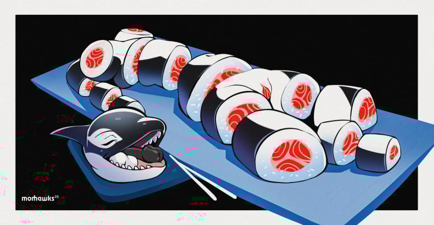 absurd_res anthro balls breasts cetacean chopsticks cooking_with_furs dismembered dolphin eunuch food futanari genitals gynomorph hard_vore hi_res humanoid_genitalia humanoid_penis intersex lying makkuroscar mammal marble_(slimshod) marine oceanic_dolphin on_back open_mouth orca penis severed_body_part severed_head solo sushi toothed_whale vore