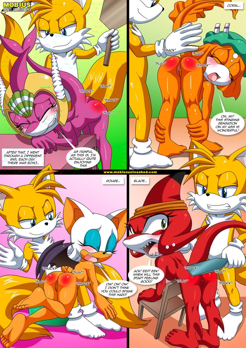 1boy 4girls anthro anthro_female anthro_only ass barefoot bbmbbf blade_the_shark blush breasts comic coral_the_betta crying echo_the_dolphin feet female furry furry_female furry_only male male/female miles_prower miles_tails_prower mobian_(species) mobius_unleashed nude pain palcomix pussy rouge_the_bat sega sonic's_guide_to_spanking_2_(comic) sonic_(series) sonic_the_hedgehog_(series) spanking tails tails_the_fox tears