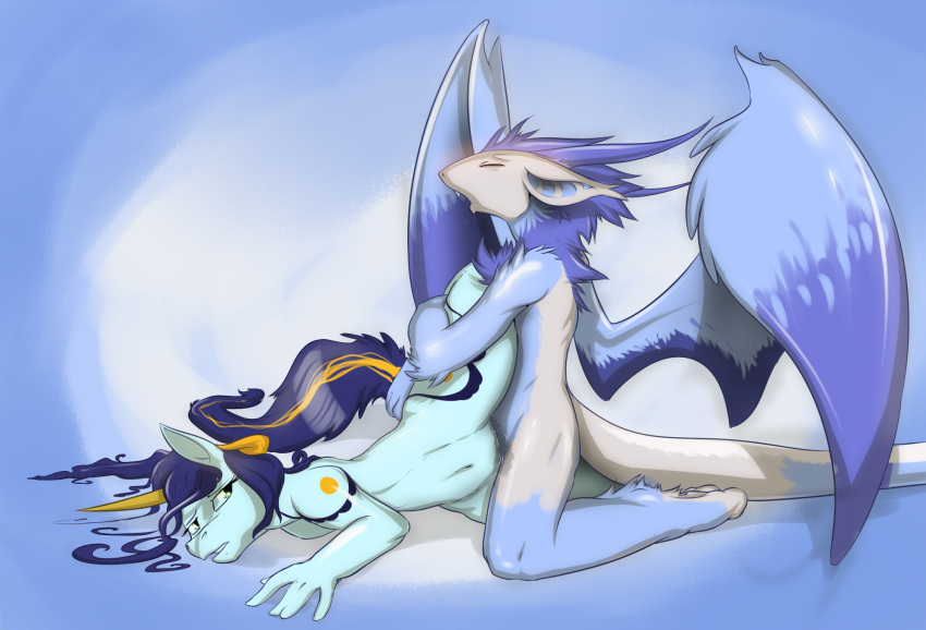 2016 anthro closed_eyes dragon duo equine female green_eyes hi_res horn horse interspecies kneeling leg_glider_position leg_grab looking_back male mammal navel nude open_mouth penetration raised_leg ratcha_(artist) sex simple_background spread_legs spreading straight unicorn vaginal_penetration