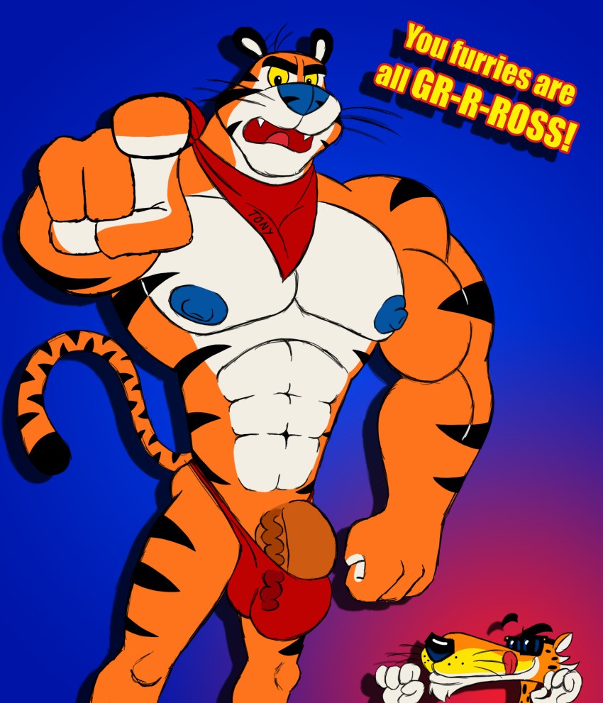 2016 abs anthro ass black blu3danny blue bulge cheetah cheetos chester_cheetah clothing eyes eyewear fangs feline frosted_flakes fur furry furry_only hi_res kellogg's licking lips male male_only mammal muscles neckerchief nipples no_humans orange_body orange_fur pecs penis pointing red stripes sunglasses thong tiger tongue_out tony_the_tiger vein veiny whiskers yellow_sclera