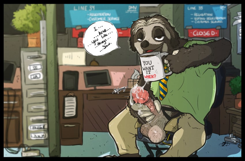 1boy anthro balls border circumcised clothing coffee_mug cum desk_chair dialogue disney flash_(zootopia) front_view humanoid_penis inside kaisertaylorproducts looking_at_viewer male male_only mammal masturbation necktie office open_pants penile_masturbation penis precum precum_string public shirt sitting sloth solo sound_effects speech_bubble talking_to_viewer vein veiny_penis zootopia