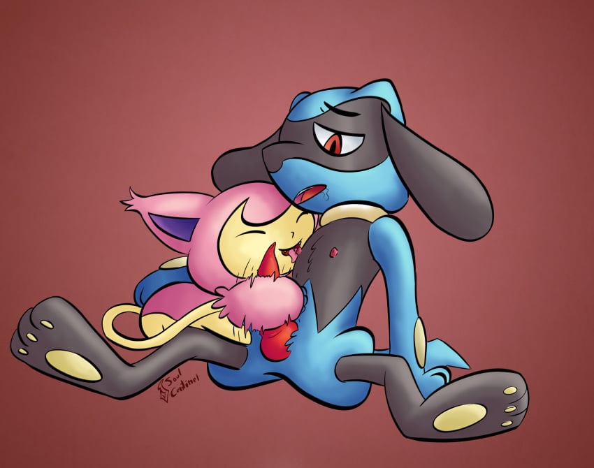 duo female feral hi_res licking_nipples male nintendo nipples pokemon red_eyes riolu sex skitty soulcentinel straight tail_sex tailjob video_games