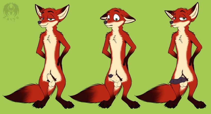 1boy animal_genitalia animal_penis anthro armpit_hair balls canine canine_penis disney erection fox fully_sheathed green_background green_eyes knot male male_only mammal nick_wilde nude penis penis_tip precum pubes sheath simple_background solo tongue tongue_out zavyn zootopia