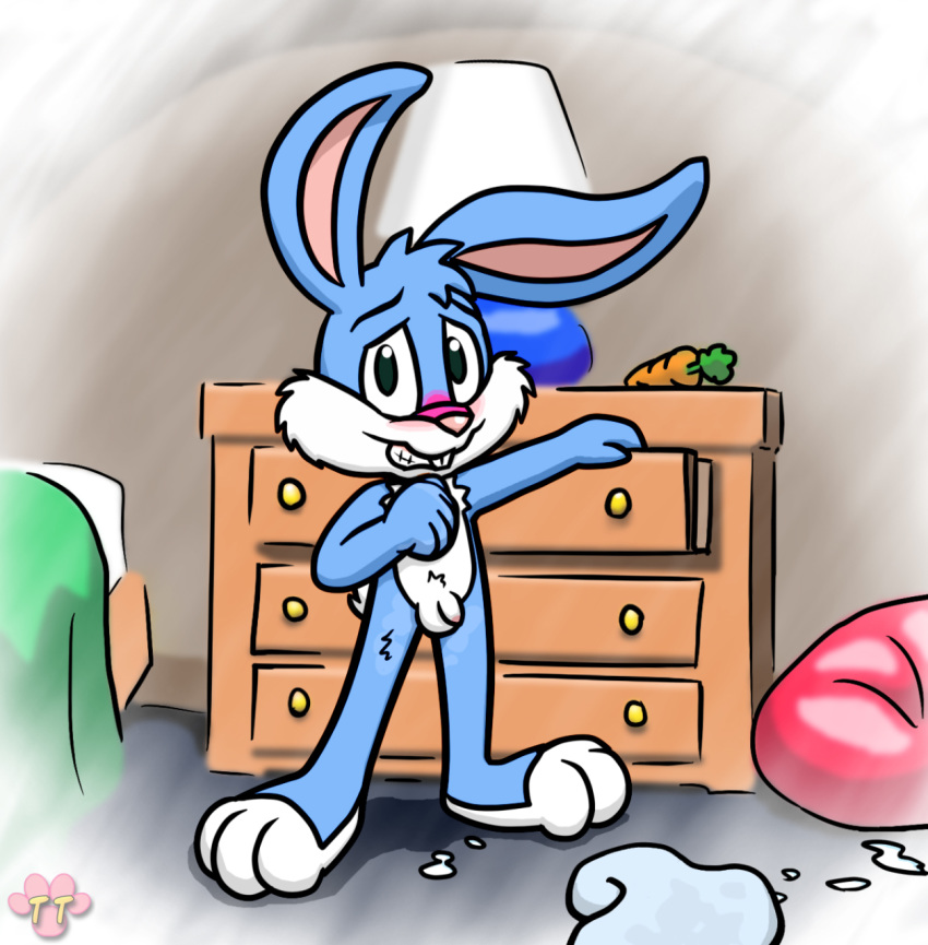 1boy anthro balls beanbag blue_fur buster_bunny carrot cum embarrassed flaccid fur male male_only nude penis rabbit solo tiny_toon_adventures towel twotails young