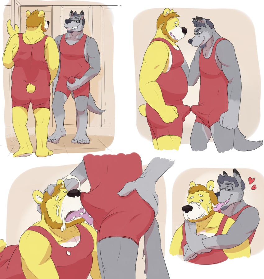 anthro bear canine clothing cum_through_clothes duo erection erection_under_clothes gator_(artist) licking male mammal tongue tongue_out wolf wrestling_singlet yaoi