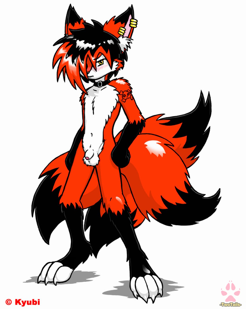 anthro balls black_fur blush canine digitigrade emo fox fur male mammal markings navel nude penis red_fur sheath shiny shy slender tagme tattoo twotails