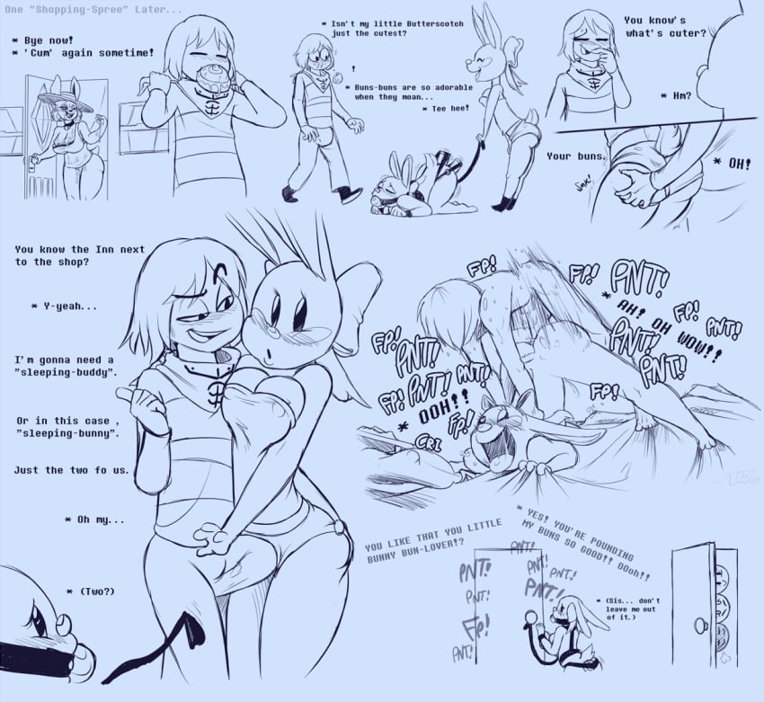 after_sex ass bandana bed blush bondage bound breasts bulge bunbun_npc_(undertale) cinnamon_(undertale) comedy comic door feline female femsub frisk frisky_(under(her)tail) funny grope humor lagomorph male maledom mammal monochrome rabbit ribbons sex sex_toy short_pants slave smile spreading straight submission submissive thewill under(her)tail undertale undertale_fanfiction vibrator