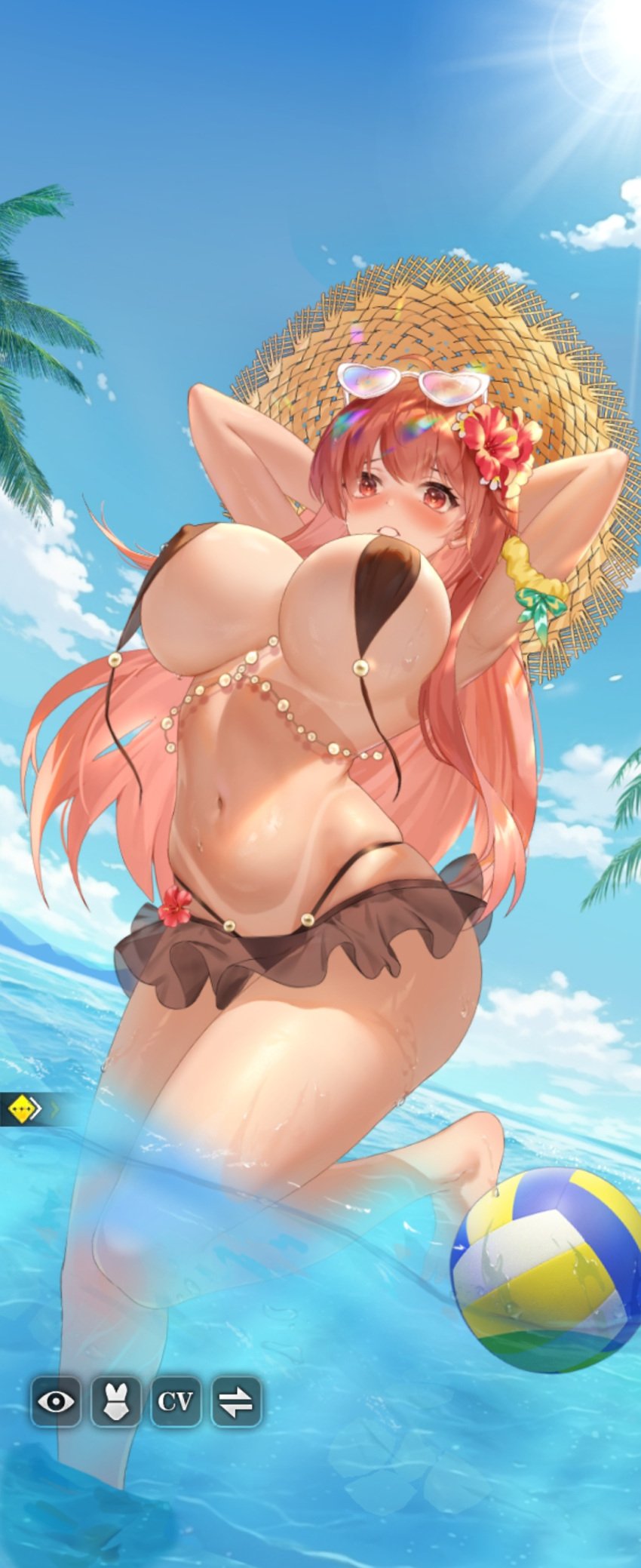 1girls arms_behind_back arms_behind_head arms_up arousal aroused beach beach_ball belly_button bikini bikini_malfunction bikini_top bikini_top_removed bikini_top_undone blush blushing_at_viewer bouncing_breasts cloud dark-skinned_female dark_skin erect_nipples fit_female flower flower_in_hair frilled_skirt frills game_cg hair_ornament hat highres hourglass_figure how_to_raise_a_harem huge_breasts jiggling_breasts large_breasts legs long_hair nipples_visible_through_clothing ocean official_art outdoors palm_tree pearls red_eyes red_hair screenshot scrunchie solo solo_female sun_hat sunglasses sunglasses_on_head sunlight surprise surprised surprised_expression tanline tanlines tatiana_(how_to_raise_a_harem) teasing teasing_viewer thick_thighs thighs underboob wardrobe_malfunction water wide_hips