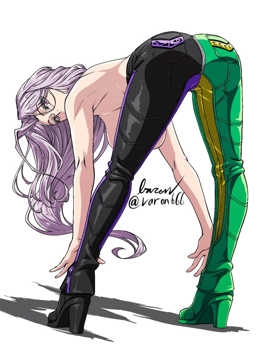 1girls baron_(artist) big_breasts dat_ass fuuto_pi high_heels kamen_rider kamen_rider_w light-skinned_female long_hair looking_at_viewer looking_back multicolored_pants tokime topless topless_female