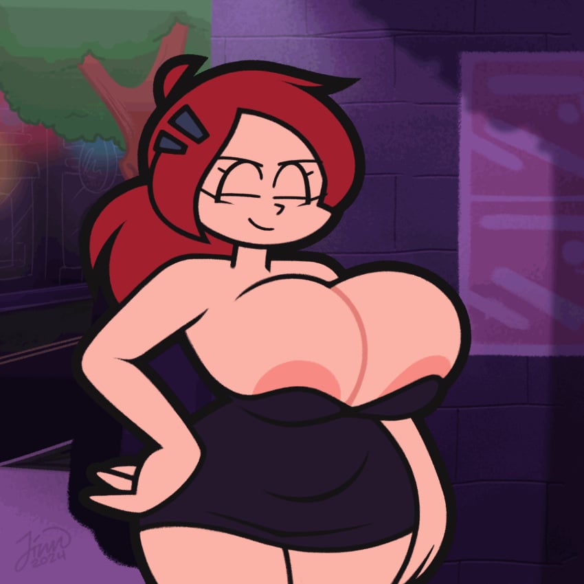 1girl 1girls animated big_breasts blush bouncing_breasts breast_squish breasts cleavage huge_breasts jinnsart nipple_slip nipples original_character pac-man_eyes ponytail red_hair smug tagme tempting_fate wide_hips