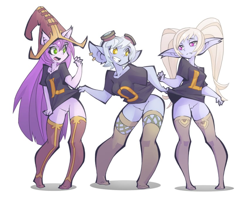 2016 alpha_channel anthro ass blonde_hair bottomless breasts ear_piercing eyewear female furry goggles green_eyes group hat headgear humanoid league_of_legends long_hair lulu_the_fae_sorceress mammal open_mouth piercing poppy purple_eyes purple_hair purple_skin pussy riot_games shirt_pull short_hair simple_background smile teeth the_pink_pirate thighhighs tongue transparent_background tristana white_hair yellow_eyes yordle