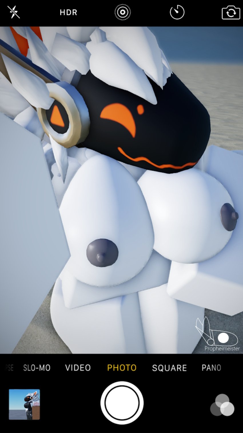 1female 3d artist_name aryx_(propmeist) beach big_breasts breasts camera female female_only furry nude propmeist protogen roblox robloxian selfie solo tagme thick_thighs watermark white_fur