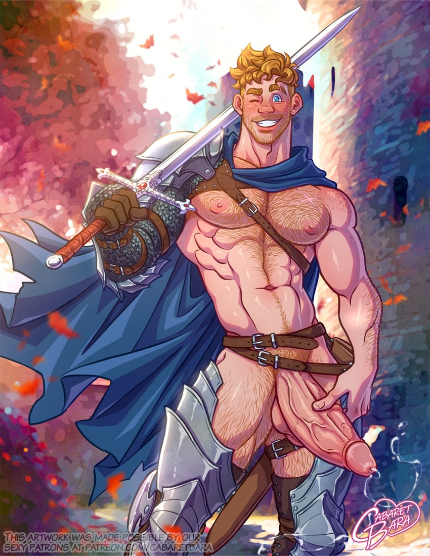 1boy bara big_cock big_penis boner cabaret_bara cabaret_bara_series cape caucasian caucasian_male cosplay dungeons_&_dragons_at_cabaret_bara dungeons_and_dragons erect_penis erection fighter finn_(cabaret_bara) finnigan_(dungeons_and_dragons) ginger ginger_hair hairy_chest hard_on holding_penis huge_cock male male_only muscles muscular muscular_male precum smiling_at_viewer solo solo_male standing sword twitter_user_oc veiny_penis winking_at_viewer