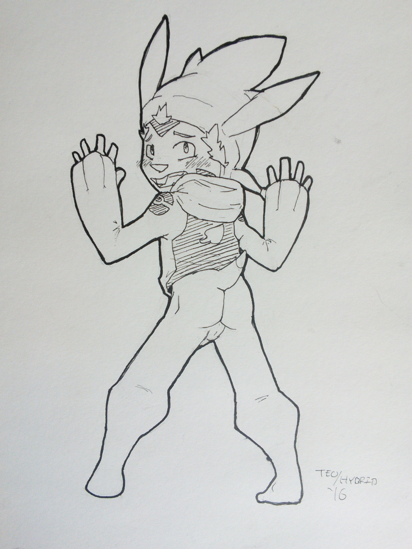 absurd_res against_wall anthro anthrofied ass barefoot barely_visible_genitalia blush bottomless buckteeth chespin clothed clothing greyscale headgear hi_res hoodie hybridstaar looking_at_viewer looking_back mammal monochrome nintendo pen_(artwork) penis perineum pokemon rear_view rodent signature solo standing teeth traditional_media_(artwork) video_games