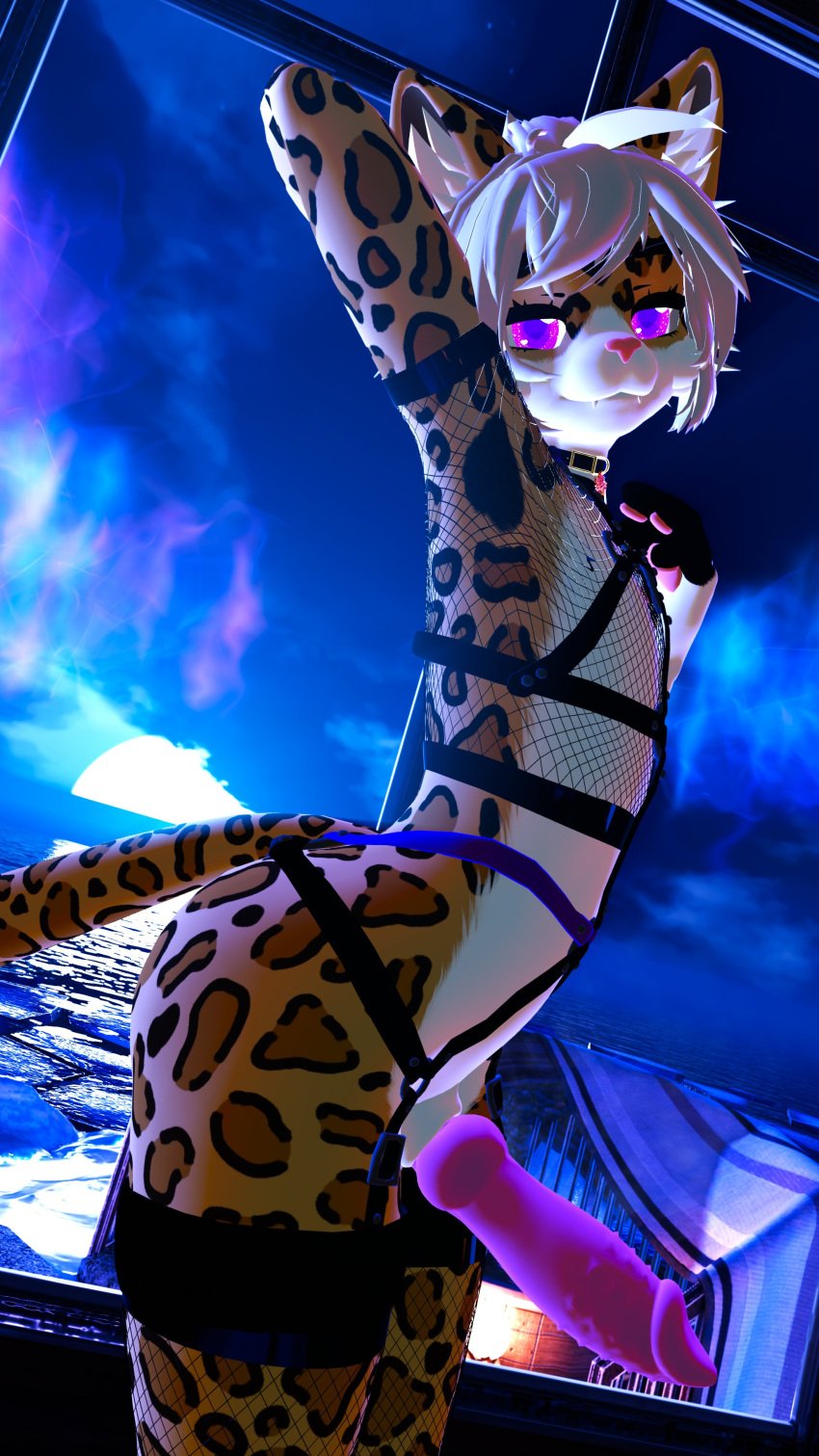 animal_genitalia big_penis erection femboy fishnets furry looking_at_viewer maplekitty maplekitty_(character) naked night outdoors penis standing vrchat water white_hair