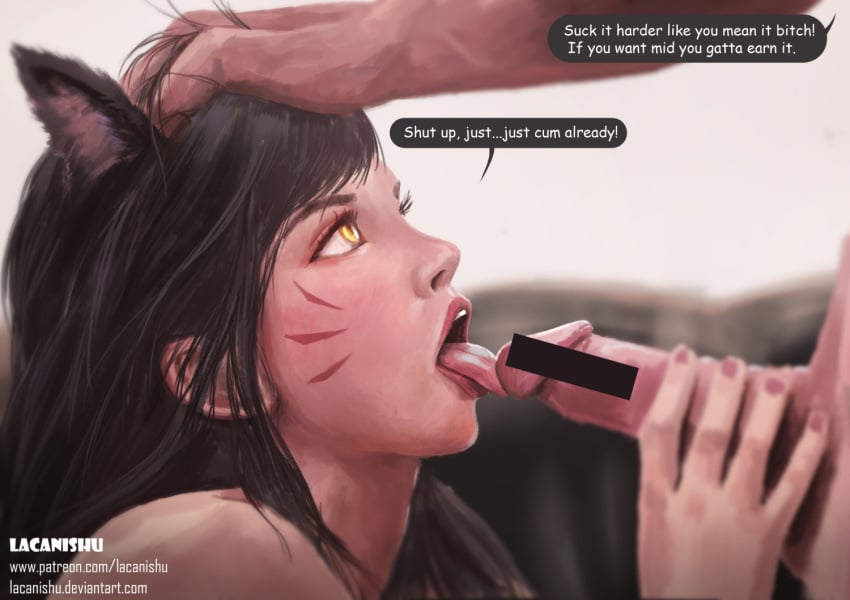 ahri animal_ears black_hair censored dialogue duo female fox_ears fur hair humanoid lacanishu league_of_legends licking male mammal oral penis slit_pupils straight text tongue tongue_out yellow_eyes