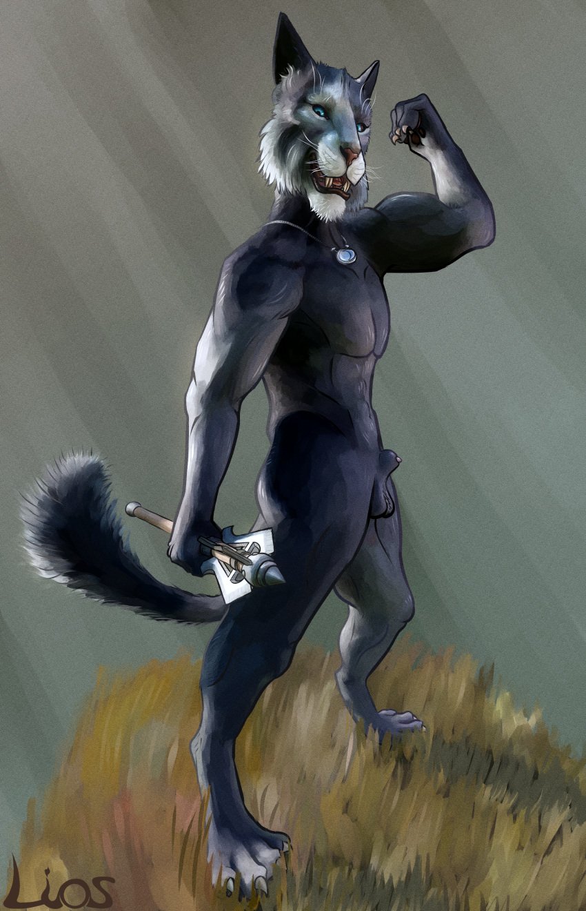 absurd_res animal_genitalia anthro balls bethesda_game_studios black_body black_fur blue_eyes felid flexing fluffy fluffy_tail fur genitals hi_res khajiit kharjo liosoun mace male male_only mammal melee_weapon microsoft muscular nude sheath skyrim smile smiling_at_viewer solo solo_focus solo_male tail the_elder_scrolls weapon