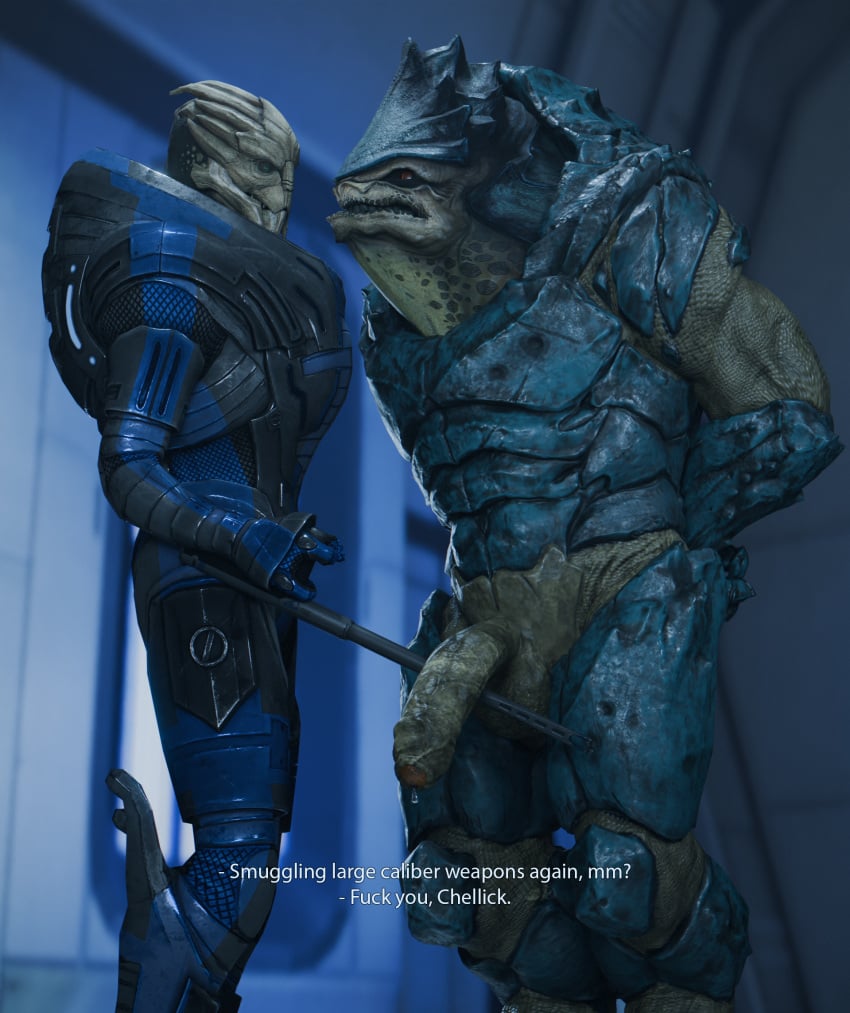 3_fingers 3d 3d_(artwork) alien angry armor bioware blender_(artwork) blue_body bodily_fluids chellick clothing cuff_(restraint) digital_media_(artwork) digitigrade duo electronic_arts english_text fingers flaccid gay genital_fluids genitals green_eyes grey_body handcuffed handcuffs hi_res humanoid krogan male male/male male_only mass_effect metal_cuffs muscular muscular_male nude penis poking_penis police police_baton precum public red_eyes restraints rooking scalie science_fiction slim_male standing text touching_penis turian uniform unprofessional_behavior