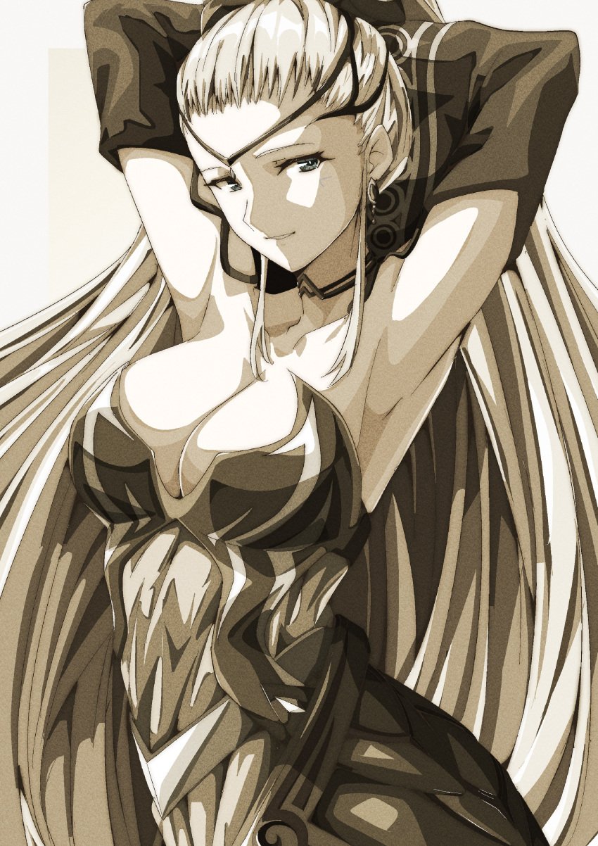 1girls absurdres armpits black_tiara breasts choker cleavage earrings eir_(fire_emblem) female female female_only fire_emblem fire_emblem_heroes grey_hair highres jewelry large_breasts long_hair looking_at_viewer nintendo pale_skin ponytail solo stretching tiara to_(tototo_tk) very_long_hair