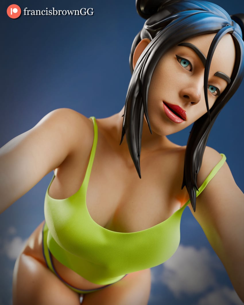 1girls 3d bikini billie_eilish billie_eilish_(fortnite) black_hair blender celebrity female female_only fortnite francis_brown large_breasts solo source two_piece_swimsuit watermark