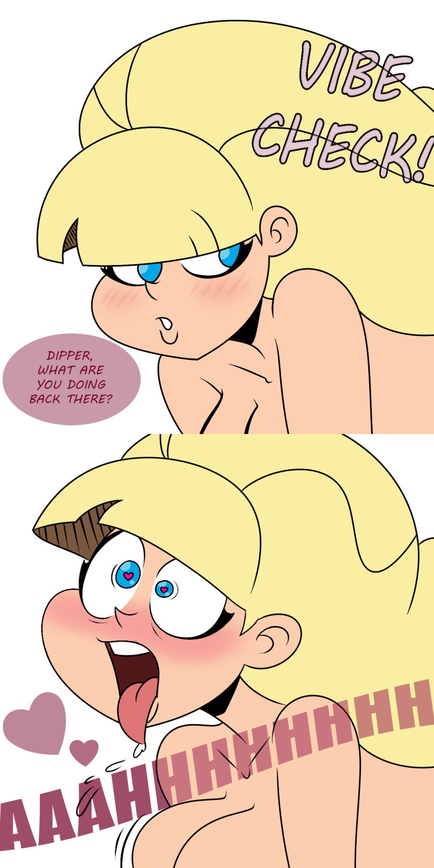 1girls aged_up ahe_gao all_fours blonde_female blonde_hair blonde_hair_female blue_eyes breast_jiggle chillguydraws cosmiccolorstheuniverse curvaceous curvy curvy_body curvy_female curvy_figure dipper_pines disney disney_channel english_text female female_only frostbiteboi gravity_falls heart-shaped_pupils human looking_back meme motion_lines nude_female older_female older_male pacifica_northwest pleasure_face sex_toy solo straight_hair surprise_sex text vibe_check vibrator