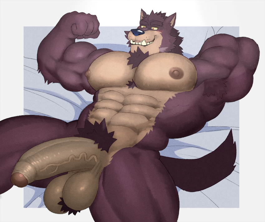 anthro balls bara barazoku big_balls big_penis boner erection fleshformomo flexing furry male male_only muscles muscular nude penis solo solo_male wolf