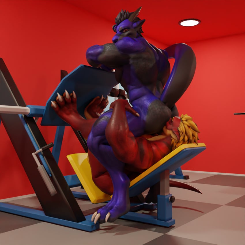 anthro ass big_butt blue_body dergdrister dragon drister_(dergdrister) duo facesitting gym gym_equipment hands_on_legs leg_press_redraw_(meme) looking_at_another male male/male meme muscular mythological_creature mythological_scalie mythology nude red_body scalie sitting_on_another slightly_chubby smile tyler_(dergdrister)