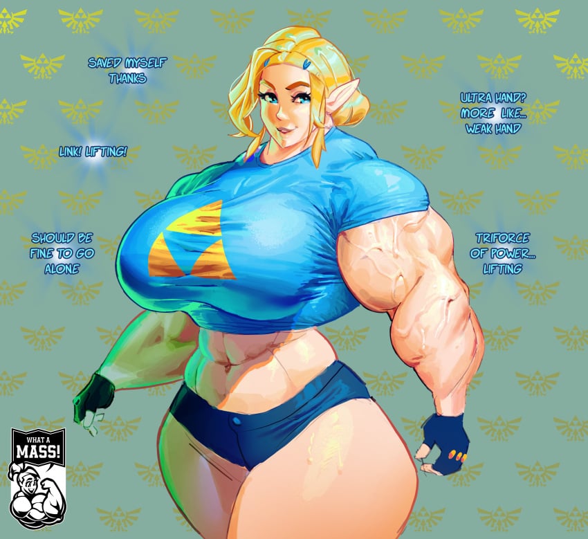 1girls abs biceps big_breasts big_muscles big_thighs blonde_hair blue_eyes blue_shirt fingerless_gloves huge_breasts jean_shorts long_ears muscular muscular_arms muscular_female muscular_legs muscular_thighs pointy_ears princess_zelda short_hair shorts tears_of_the_kingdom the_legend_of_zelda tight_clothing tight_fit triforce veins veiny_muscles what_a_mass! zelda_(tears_of_the_kingdom)