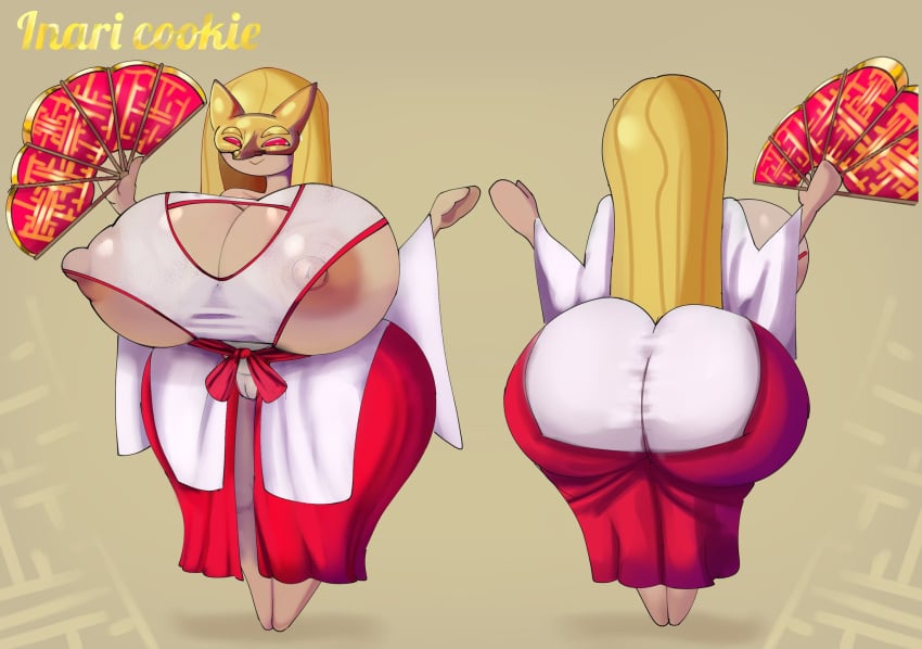 1girls alternate_version_available areolae areolae_slip ass ass_bigger_than_head backboob barefoot blonde_hair boob_window breasts breasts_bigger_than_head character_name character_sheet clothed cookie_run cookie_run_oc dumptruck_ass female female_only full_body hand_fan handfan holding holding_handfan huge_ass huge_breasts inari_cookie khadhunter7 long_hair mask nipples nipples_visible_through_clothing no_bra no_underwear original original_character pussy_visible_through_clothes revealing_clothes sideboob smile solo solo_female standing teasing underboob