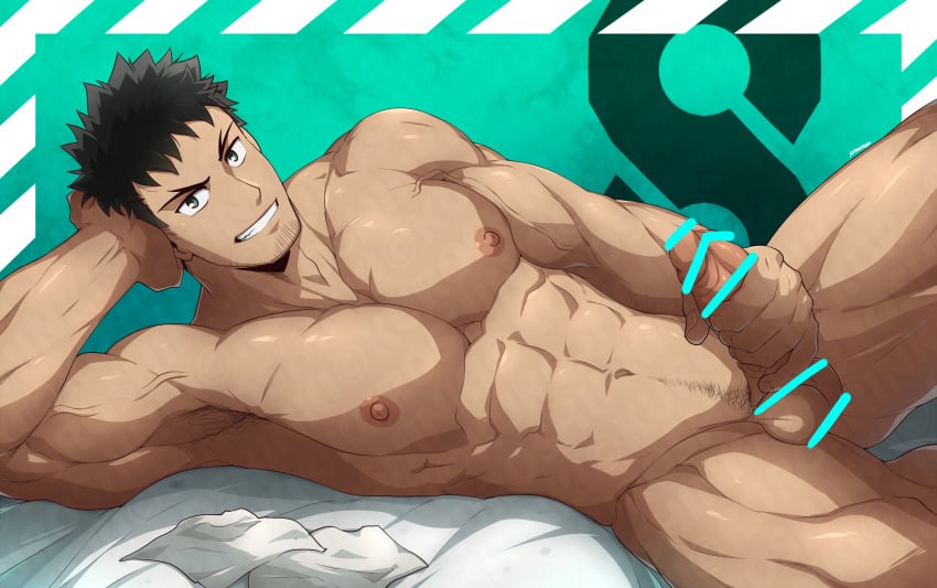 1boy abs bar_censor bara black_hair censored completely_nude erection facial_hair hibino_kafka highres kafka_hibino kaijuu_no._8 kuroshinki large_pectorals lying male_focus muscular muscular_male navel nipples nude on_side pectorals penis short_hair smile solo teeth testicles thick_thighs thighs