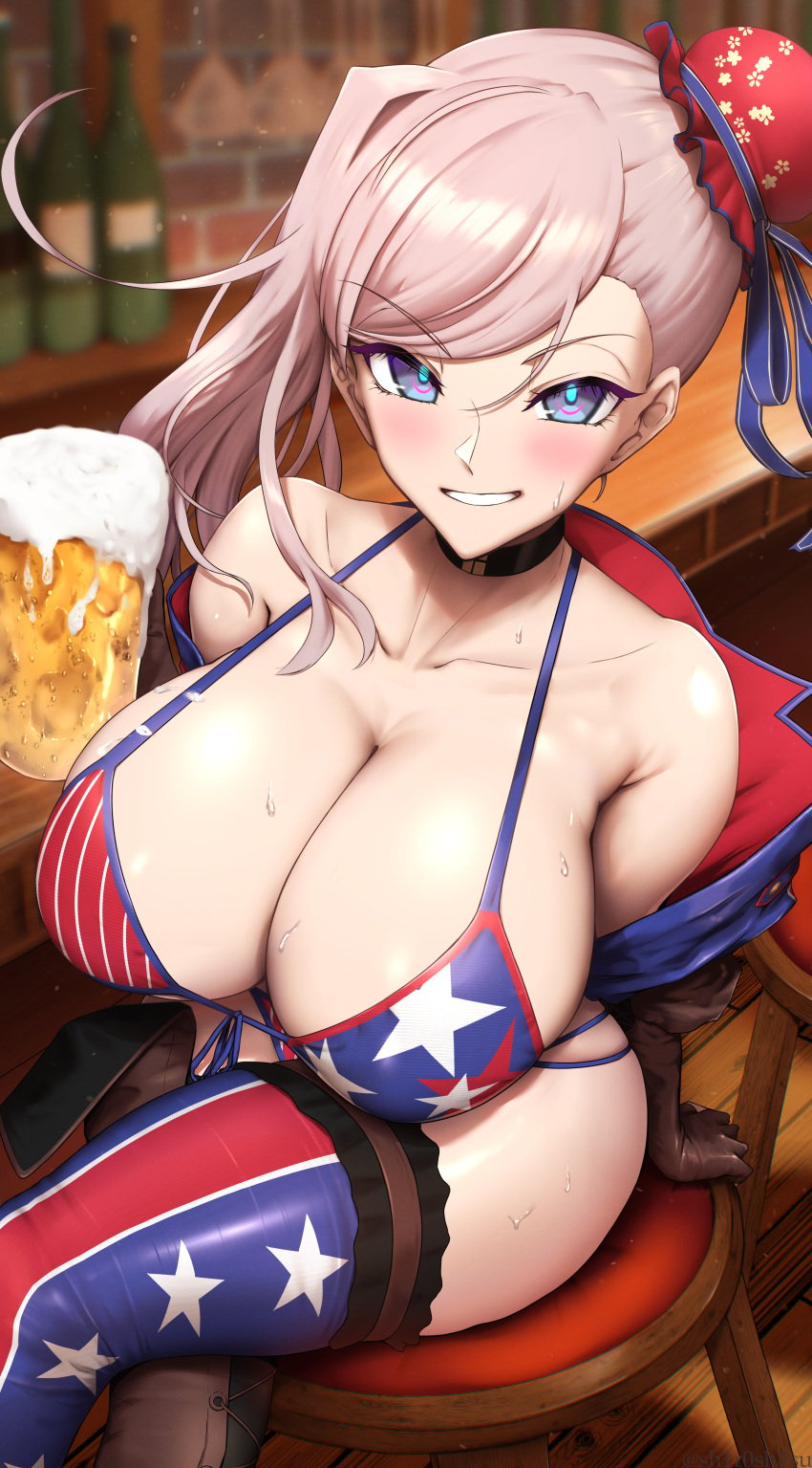 1girls absurd_res american_flag_bikini bikini blue_eyes breasts fate/grand_order fate_(series) female hi_res huge_breasts light-skinned_female light_skin long_hair miyamoto_musashi_(fate) miyamoto_musashi_(swimsuit_berserker) naughty_face pink_hair shiroshisu