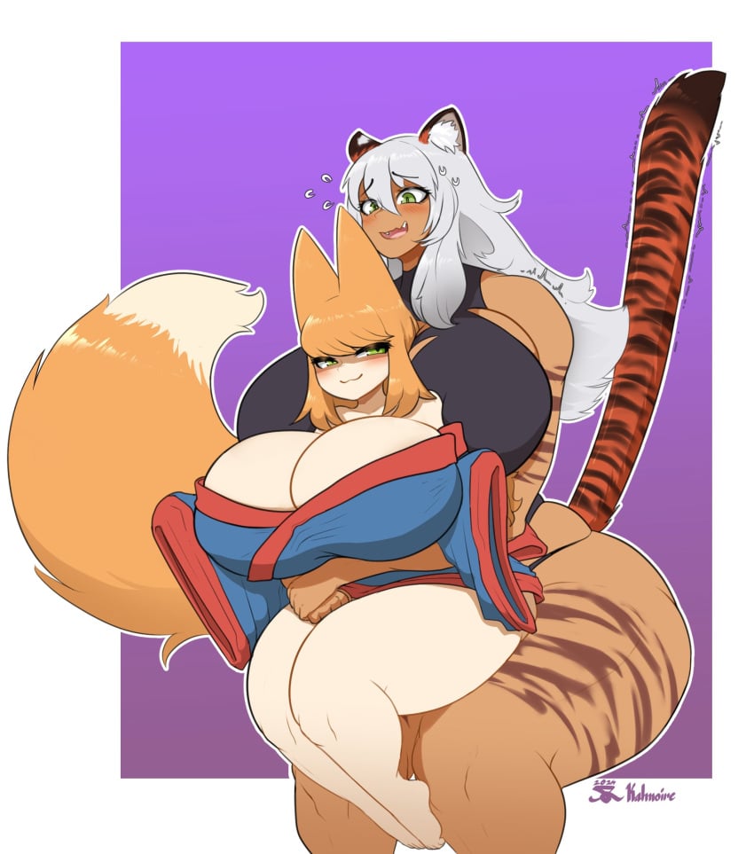 2girls bare_shoulders big_breasts big_hips big_thighs blush breasts_bigger_than_head child_bearing_hips commission cuddling curvy curvy_female curvy_figure duo duo_focus ear_tuft enormous_breasts enormous_thighs eyebrows_visible_through_hair fox_ears fox_girl fox_humanoid fox_tail gigantic_breasts gigantic_thighs green_eyes huge_breasts huge_hips huge_thighs humongous_breasts kalmoire kimono kitsune large_breasts large_hips large_thighs light-skinned_female light_skin massive_breasts massive_thighs orange_hair original_characters silver_hair skull_crushing_thighs slight_blush slim_waist smug smug_expression smug_face smug_smile tan-skinned_female tan_skin thick_thighs thin_waist thunder_thighs tiger_ears tiger_girl tiger_print tiger_stripes voluptuous voluptuous_female wide_hips zertia_amurova