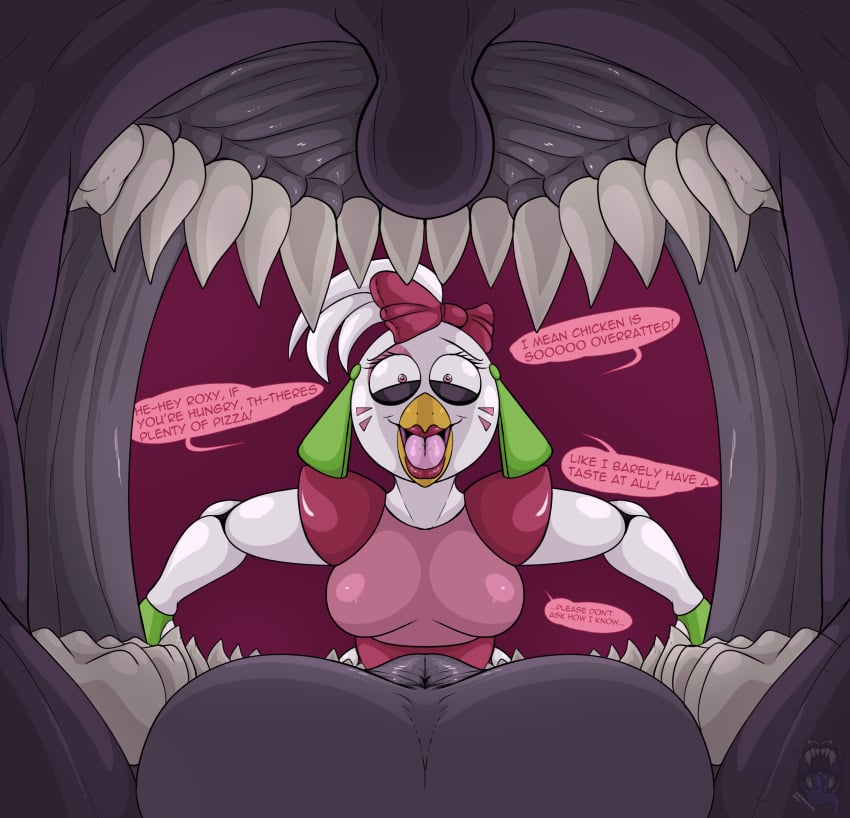 animatronic darkartist english_text female five_nights_at_freddy's five_nights_at_freddy's:_security_breach glamrock_chica_(fnaf) imminent_oral_vore imminent_vore in_mouth mawshot reverse_mawshot roxanne_wolf_(fnaf) sharp_teeth teeth text tongue uvula