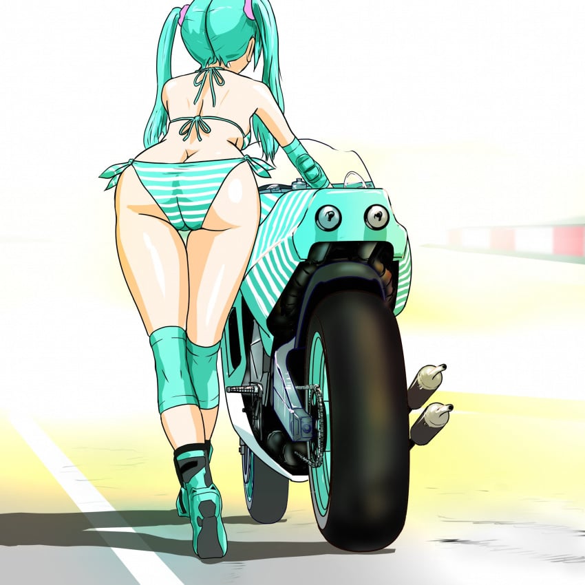 1girls ass ass_cleavage bikini blue_hair breasts female gapinelu hatsune_miku motorcycle outdoors outside road round_ass striped_bikini tagme twintails vocaloid