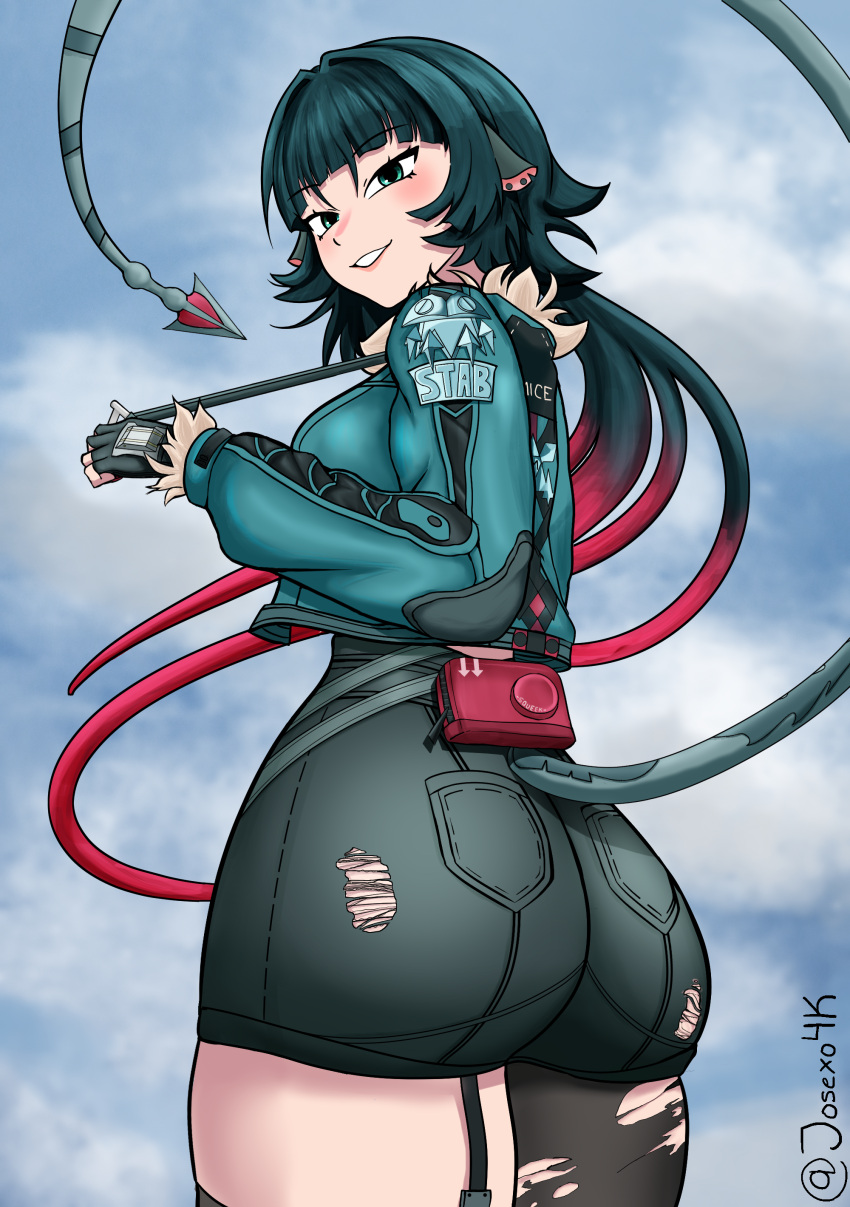 1girls ass ass_focus belt big_ass big_breasts black_hair booty cloud clouds fade_(haircut) female gloves gray_eyes grey_eyes highlights jacket jane_doe_(zenless_zone_zero) josexo4k mihoyo rat rat_ears rat_girl rat_tail red_nail_polish red_nails ripped_clothing ripped_pants ripped_thighhighs shorts solo staring_at_viewer tail thighs zenless_zone_zero